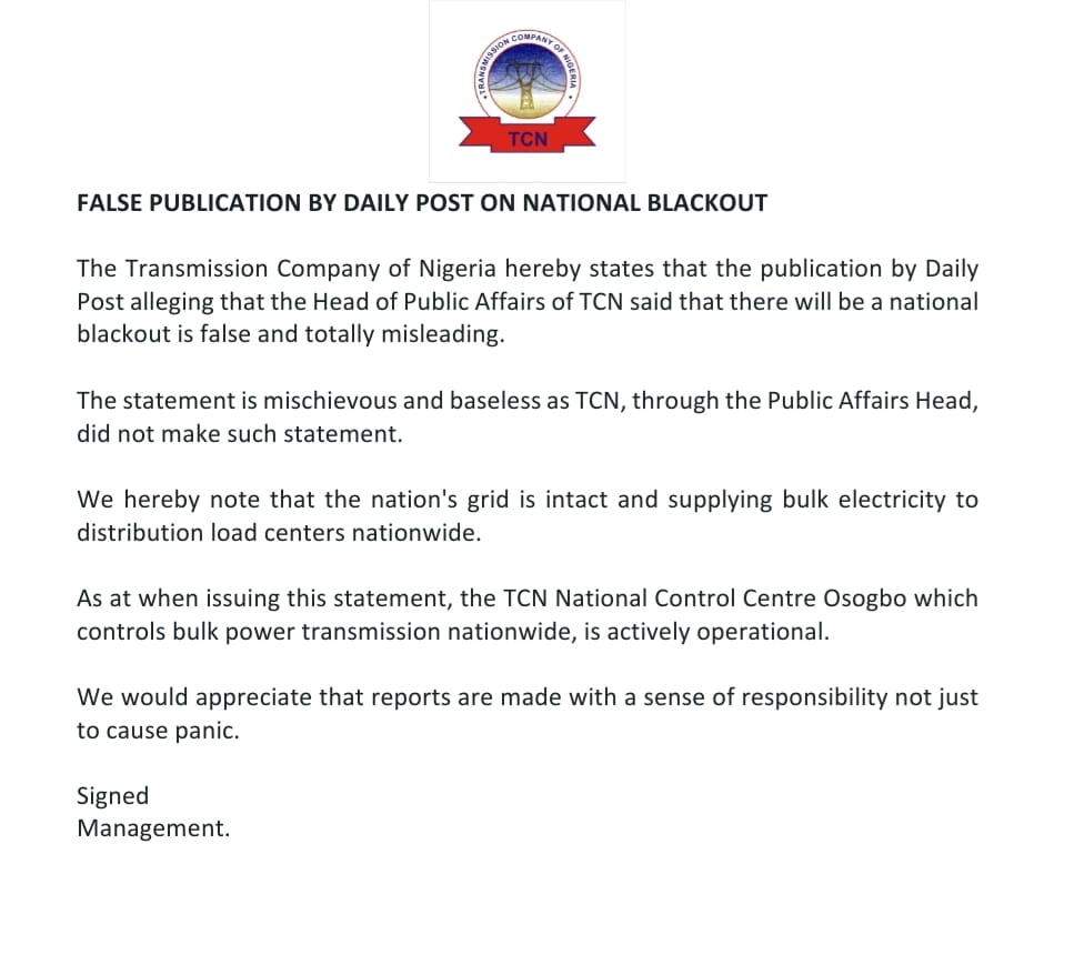 TCN denies looming national blackout amid nationwide strike