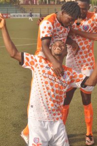 Akwa United players celebrating goal against MFM at Agege Stadium, Lagos