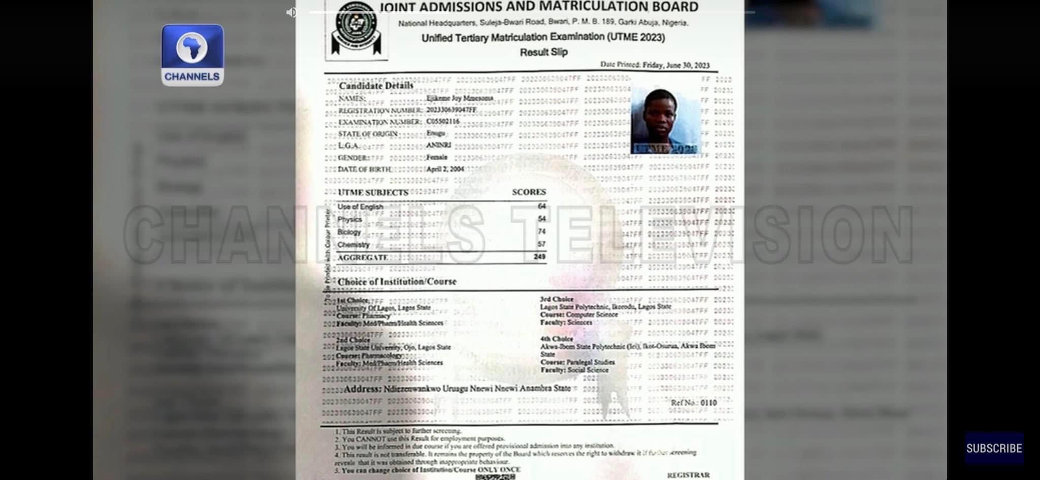 JAMB releases UTME results slip of Anambra schoolgirl, Mmesoma