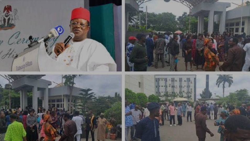 BREAKING: Tension as protesting workers lock Minister David Umahi inside his office