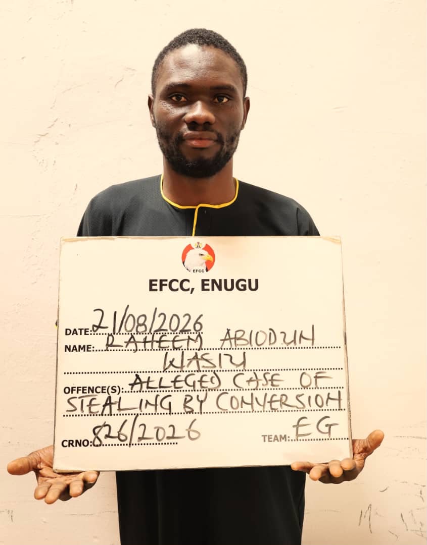 EFCC arraigns man over alleged $5,000 fraud Etim Ekpimah The Economic and Financial Crimes Commission (EFCC), Enugu Zonal Directorate, has arraigned 38-year-old Raheem Abiodun Wasiu before the Enugu State High Court over an alleged $5,000 fraud. Wasiu was arraigned before Justice H. O. Eya, sitting at the court’s Independence Layout Division, on two counts bordering on stealing by conversion and obtaining money by false pretences. According to the EFCC, Wasiu allegedly obtained $5,000 from Stanley Chukwuamuanya Ezekulie, a Bureau de Change (BDC) operator, after falsely claiming that he would transfer the naira equivalent of the money to him. The second count alleged that on 6 July 2026, in Enugu State and within the jurisdiction of the court, Wasiu obtained the $5,000 from Ezekulie under the false pretence that he would transfer its naira equivalence of ₦7.05 million to him, knowing the representation to be false. The alleged offence contravenes Section 1(1)(a) of the Advance Fee Fraud and Other Fraud Related Offences Act, 2006, and is punishable under Section 1(3) of the same Act. Wasiu pleaded not guilty to the charges. Following his plea, the prosecution counsel, Chief Superintendent of the EFCC, Chiekezie Raymond Edozie, asked the court to remand the defendant in the custody of the Nigerian Correctional Service (NCoS), Enugu, and grant an accelerated hearing of the case. However, defence counsel A. J. Ebube orally applied for bail. The prosecution opposed the application, arguing that it had facts which, if brought to the attention of the court, could influence the court against granting bail. It also urged the court to expedite the trial. Justice Eya adjourned the case to 28 October 2026 for hearing of the bail application and to 3 and 10 November 2026 for trial. The defendant was subsequently remanded in NCoS custody. The EFCC said Wasiu was arrested by operatives of the Nigeria Security and Civil Defence Corps following a complaint by Ezekulie, who alleged that he had been defrauded of $5,000. During its investigation, the EFCC said it discovered that Wasiu allegedly rented different Toyota Hilux trucks, posed as a wealthy contractor, moved with escorts and met BDC operators in the South-east and Akwa Ibom State. The commission further alleged that he deceived the operators into handing over their money by presenting fake naira payment alerts after collecting their foreign currency. The allegations have not been proved in court, and Wasiu is presumed innocent until proven guilty.